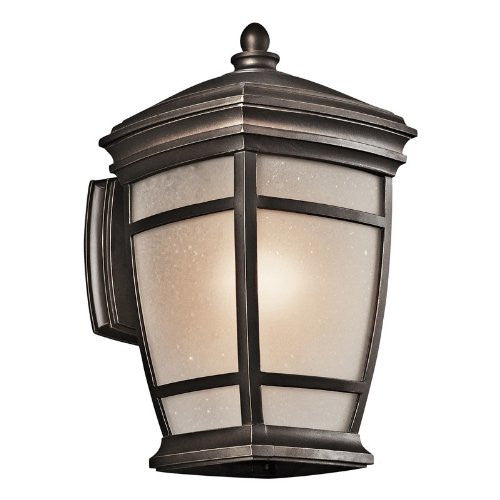 49271RZ McAdams 1LT 14IN Exterior Wall Lantern, Rubbed Bronze Finish with Light Umber Etched Seedy Glass