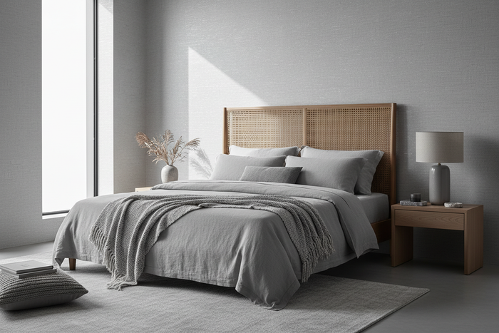 Grey bedroom with cane bedhead and Silver Grey wallpaper