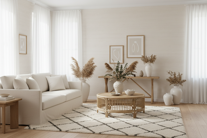Elegant room with Beni Ourain rug and cane coffee table