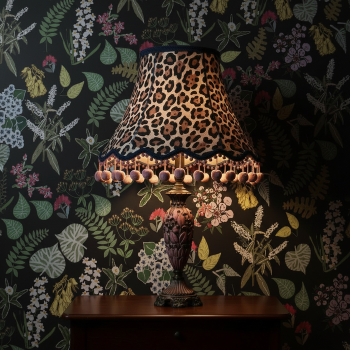 Leopard print lampshade on Abel Tasman Black mural background