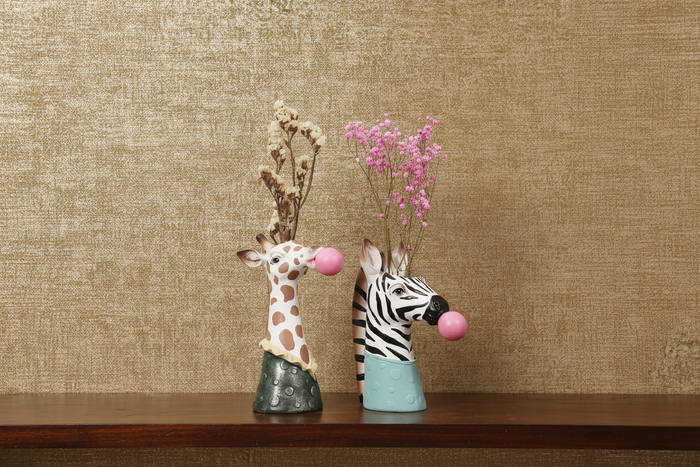 Giraffe & Zebra Planters with Ajanta Copper Metallic Wallpaper