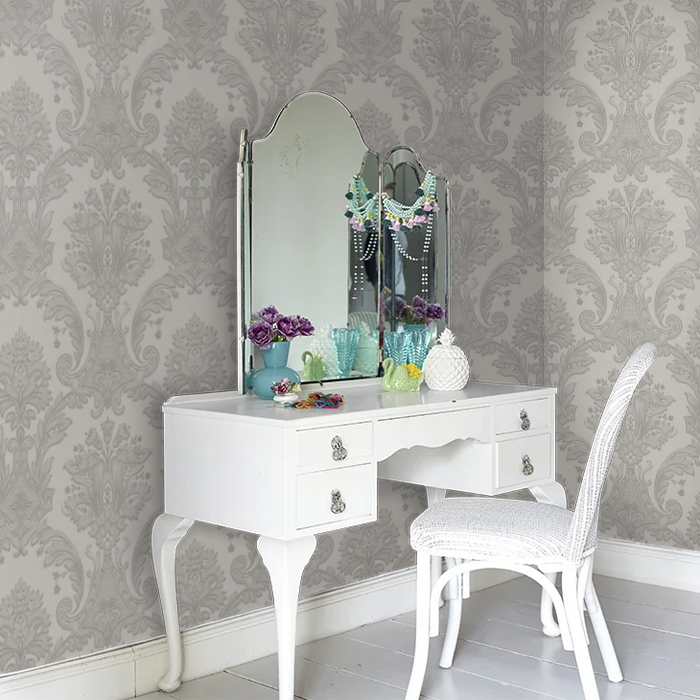Amara Damask Wood Panel Wallpaper - Silver