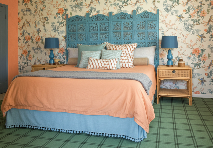 Amelie Chinoiseries - Light Blue Valance, Apricot Duvet