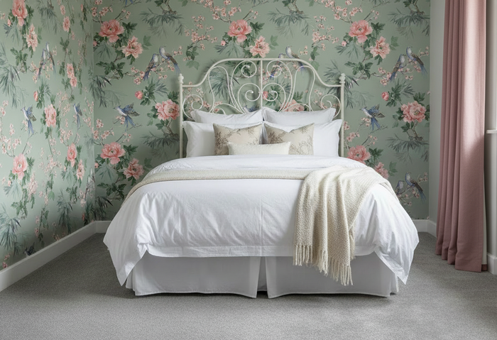 Bedroom with dusky pink cushions and curtain, Amelie Chinoiseries Sage wallpaper