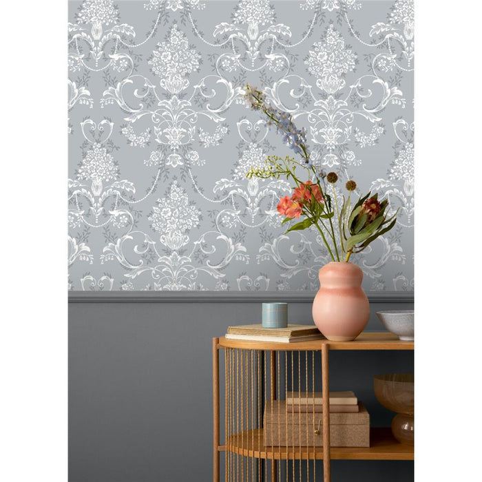 Amelie Damask Wallpaper - Dusky Blue