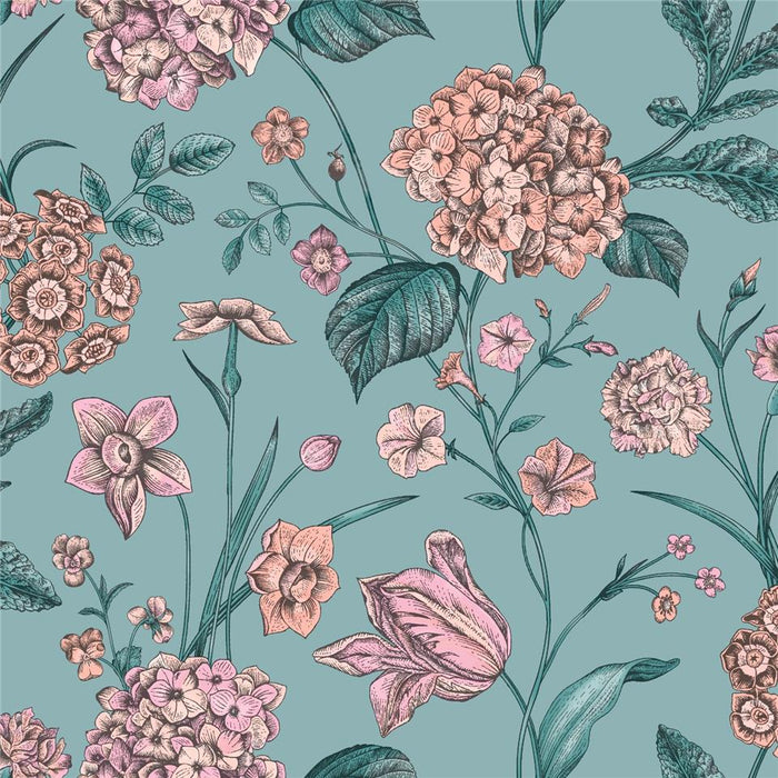 Amelie Hydrangea Wallpaper - Teal