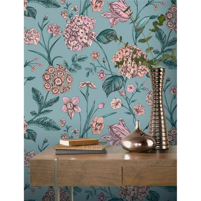 Amelie Hydrangea Wallpaper - Teal