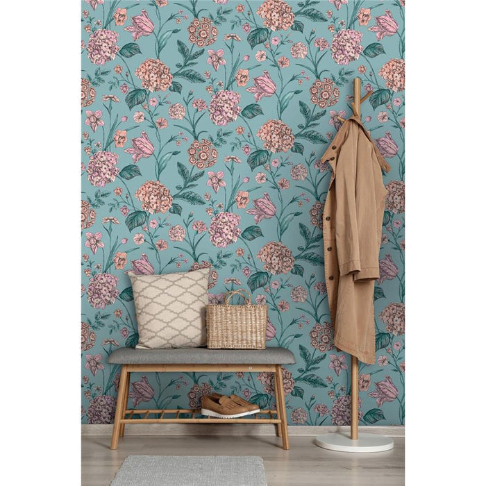 Amelie Hydrangea Wallpaper - Teal