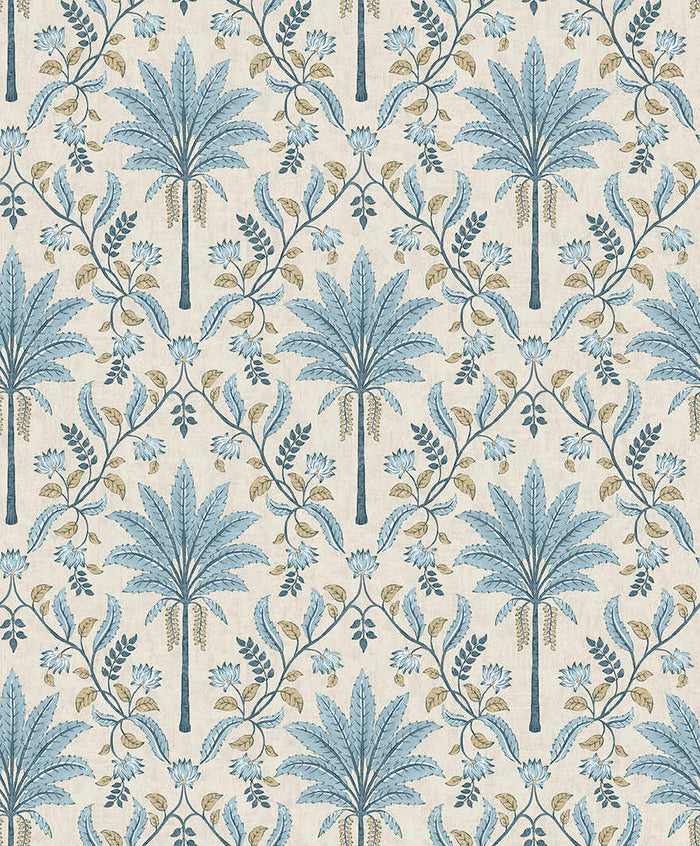 Ariara wallpaper in Blue, showing a formal palm tree trellis repeat over a cream background