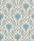 Ariara wallpaper in Blue, showing a formal palm tree trellis repeat over a cream background