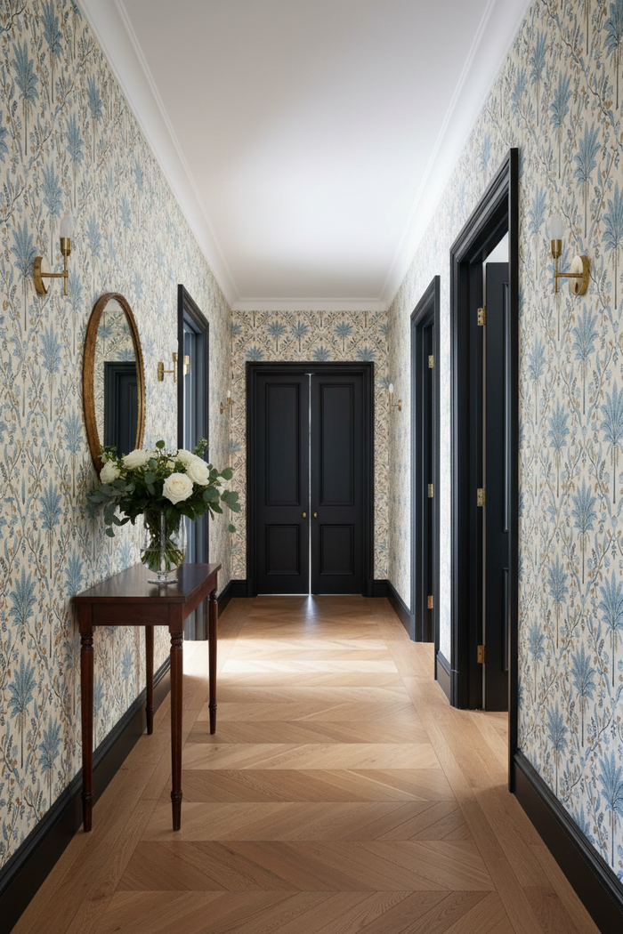 Elegant Hallway - Ariara Palm Trellis Wallpaper Blue with Black Doors