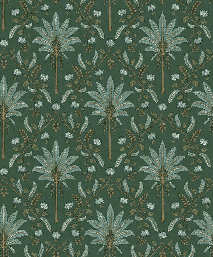 Ariara wallpaper in Green, showing a formal palm tree trellis repeat over a green background