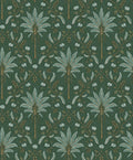 Ariara wallpaper in Green, showing a formal palm tree trellis repeat over a green background