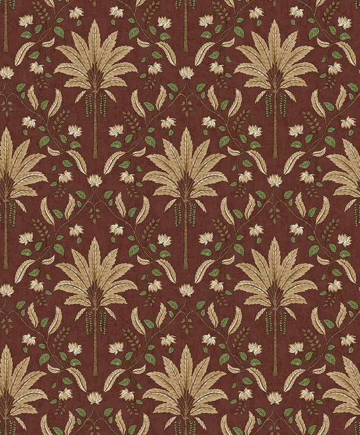 Ariara wallpaper in Maroon, showing a formal palm tree trellis repeat over a deep burgundy background