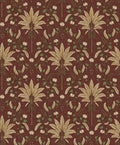 Ariara wallpaper in Maroon, showing a formal palm tree trellis repeat over a deep burgundy background