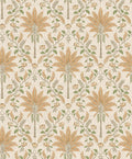 Ariara wallpaper in Orange, showing a formal palm tree trellis repeat over a cream background