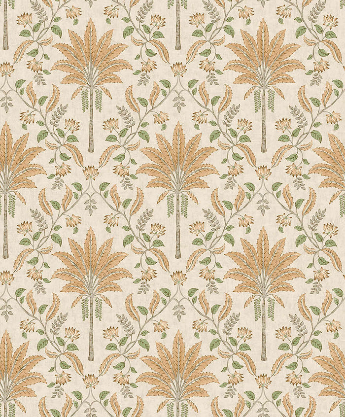 Ariara wallpaper in Orange, showing a formal palm tree trellis repeat over a cream background