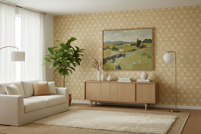 Room Shot with Buff Up Grasscloth and Toss Woollaston Painting