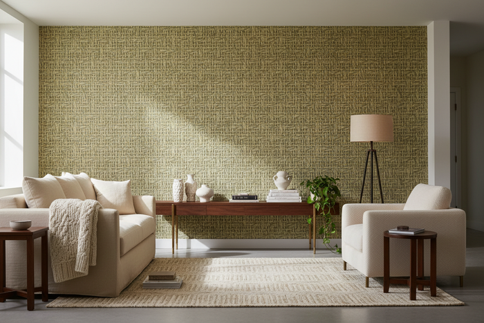 Room Shot with Basket Case Grasscloth - Forest Lane