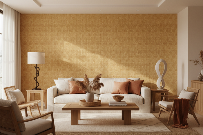 Room Shot with Basket Case Grasscloth Wallpaper - Golden Sand
