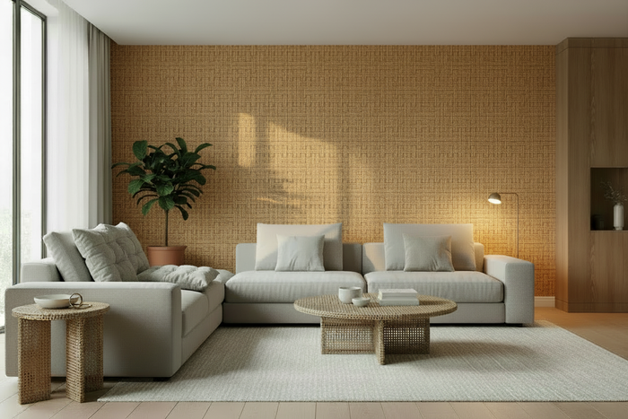 Room Shot with Smaller Scale Grasscloth Wallpaper