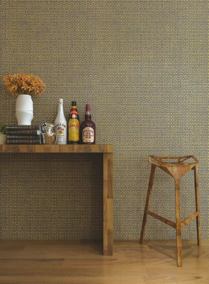 Basket Weave Grass cloth Wallpaper - Ink Grey on Gold