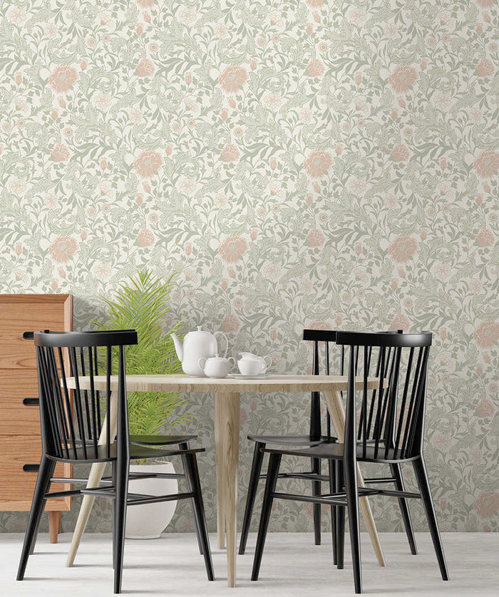 Bilbury Floral Wallpaper - Sage Coral