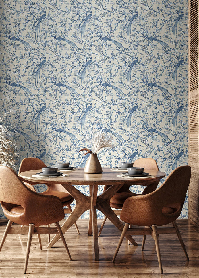 Bird Toile Wallpaper - Dark Denim