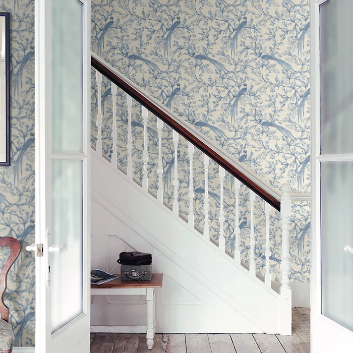 Bird Toile Wallpaper - Dark Denim