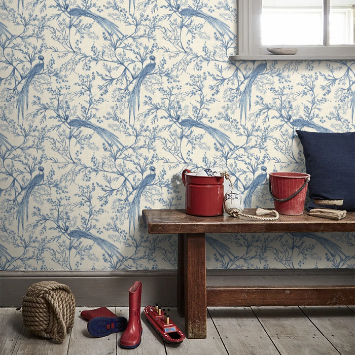 Bird Toile Wallpaper - Dark Denim