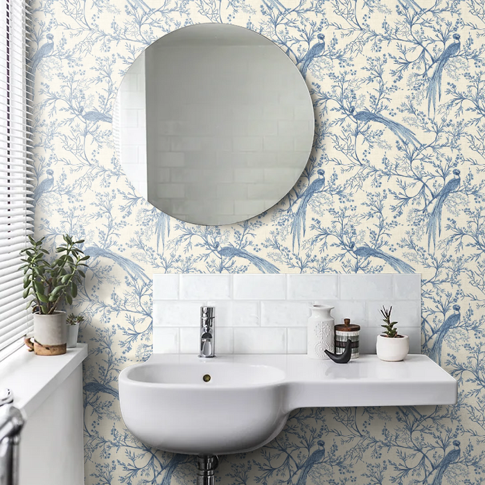 Bird Toile Wallpaper - Dark Denim