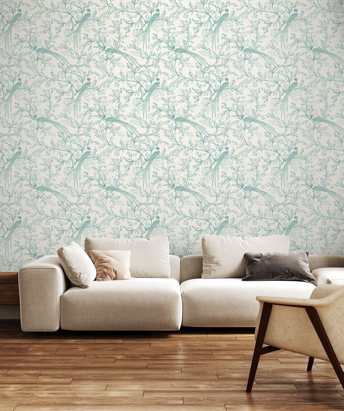 Bird Toile Wallpaper - Duckegg Blue