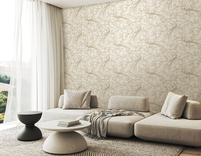 Bird Toile Wallpaper - Stone