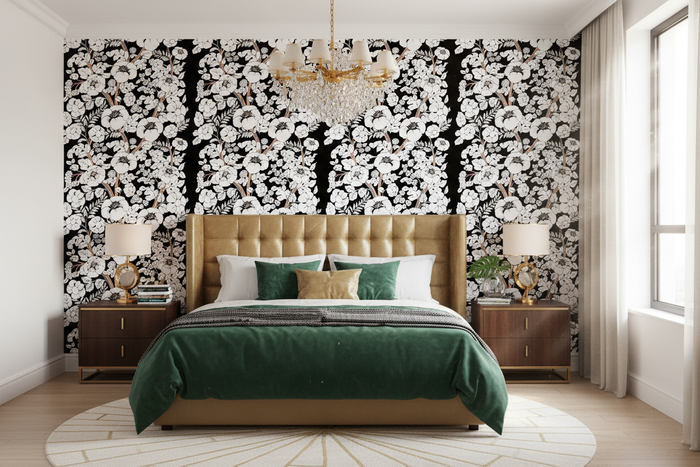 Black Rainbow Wallpaper Bedroom with Gold Chandelier