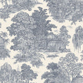 Blenheim blue garden toile wallpaper with a domed glasshouse, weeping willows and a stone fountain