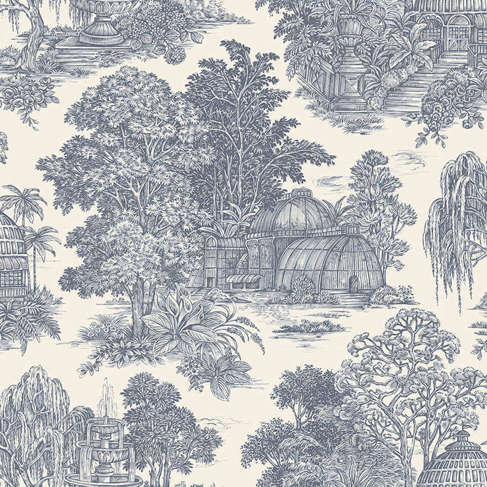Blenheim blue garden toile wallpaper with a domed glasshouse, weeping willows and a stone fountain