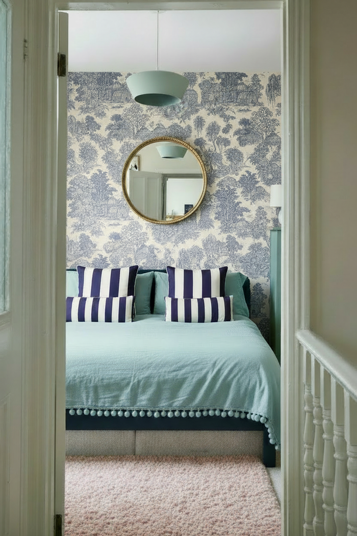 Bedroom with Blenheim Toile Blue wallpaper