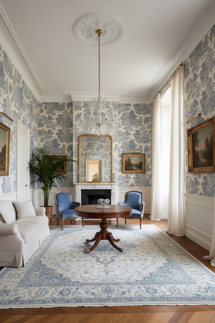 Blenheim Blue toile wallpaper in villa room with high ceilings