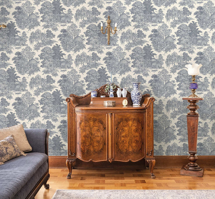 Blue Blenheim toile wallpaper on a period dining room wall