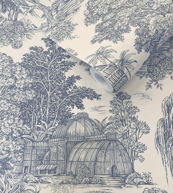 Roll of Blenheim garden toile wallpaper in blue