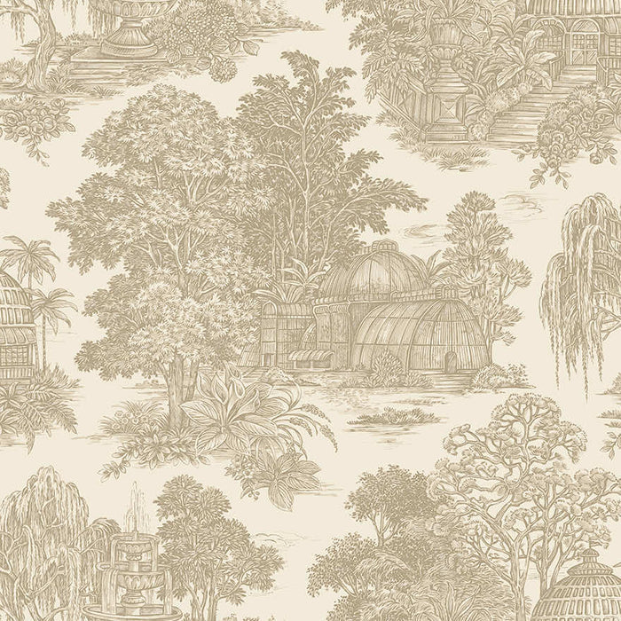 Blenheim cream garden toile wallpaper with a domed glasshouse, weeping willows and a stone fountain