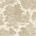 Blenheim cream garden toile wallpaper with a domed glasshouse, weeping willows and a stone fountain