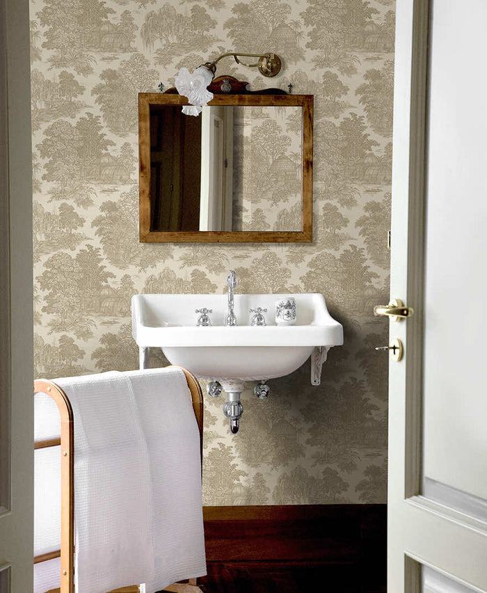 Cream Blenheim toile wallpaper on a period bedroom wall