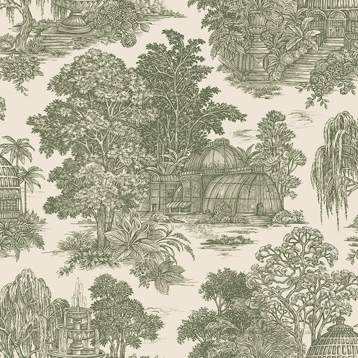 Blenheim green garden toile wallpaper with a domed glasshouse, weeping willows and a stone fountain