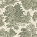Blenheim green garden toile wallpaper with a domed glasshouse, weeping willows and a stone fountain