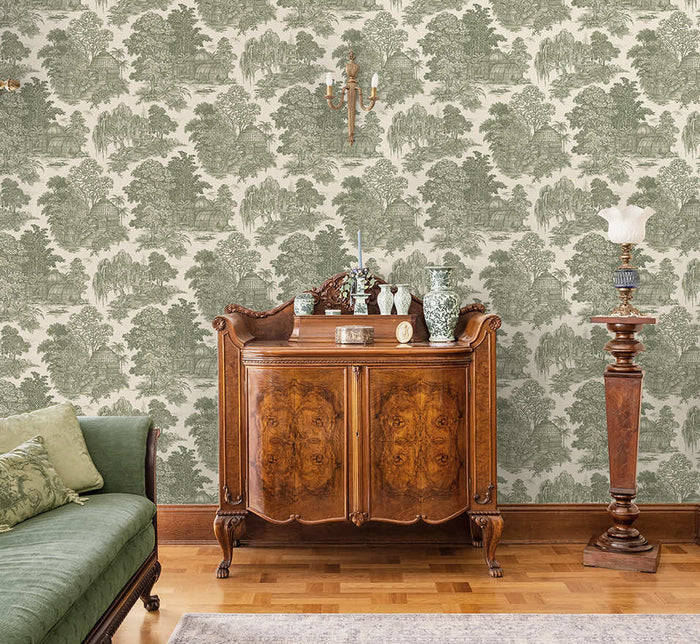 Green Blenheim toile wallpaper on a period living room wall