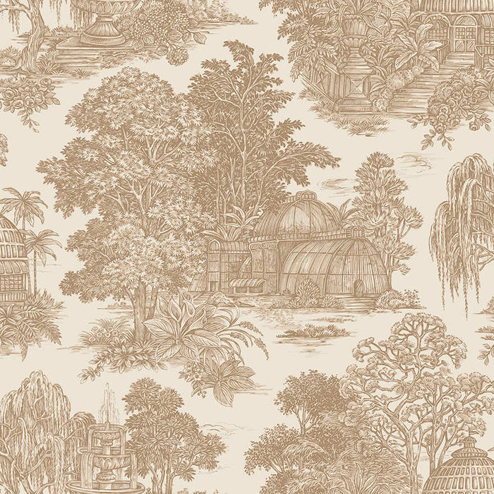 Blenheim rust garden toile wallpaper with a domed glasshouse, weeping willows and a stone fountain