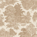 Blenheim rust garden toile wallpaper with a domed glasshouse, weeping willows and a stone fountain