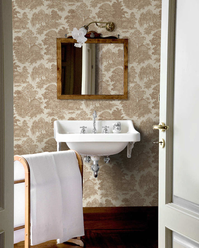 Rust Blenheim toile wallpaper on a period hallway wall