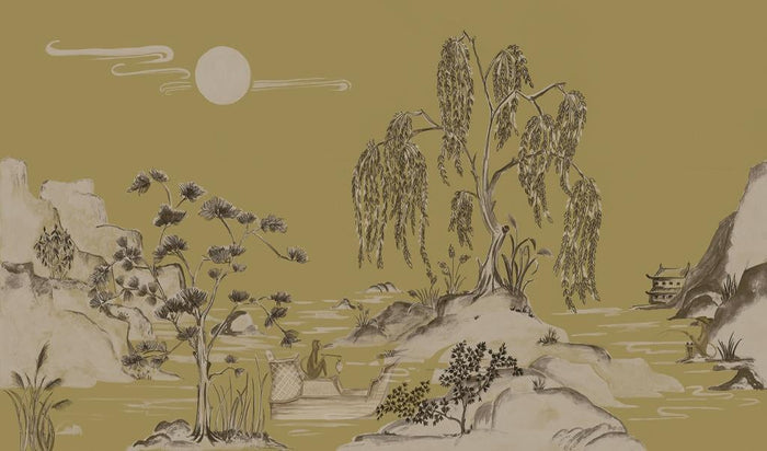Boulevard Grasscloth Moonlight - Ochre - Custom Sized Wallpaper Mural (per m2)